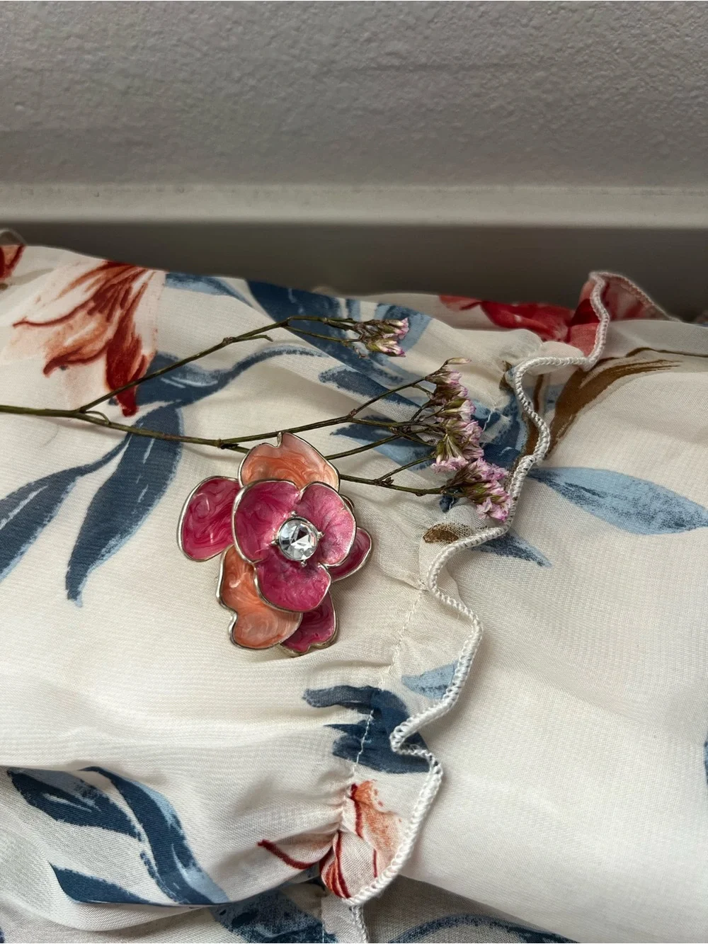 Pink & Peach Enamel Flower Ring with Crystal Center